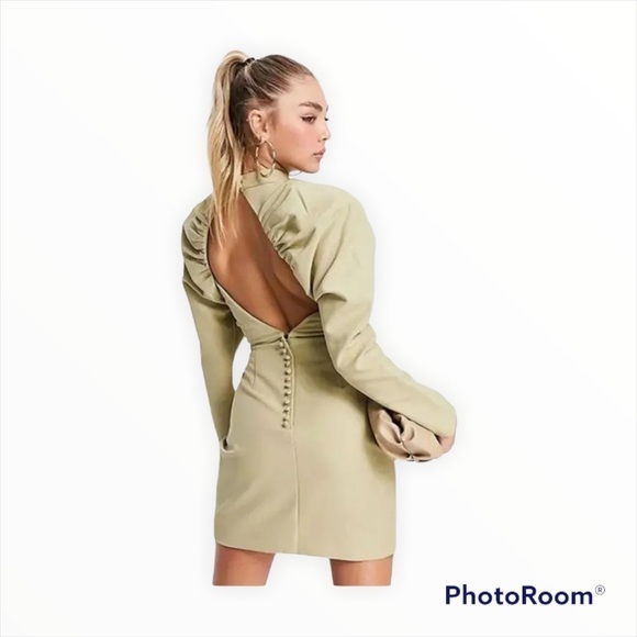 NWT LAVISH ALICE Sage Green Balloon Sleeve Open Back Mini Dress Size 12 - Picture 3 of 10